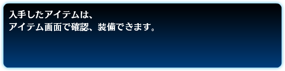 入手したアイテムは、 アイテム画面で確認、装備できます。